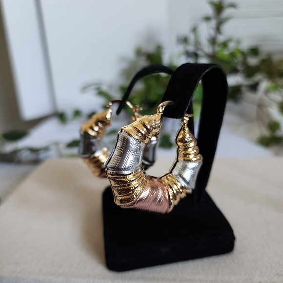 Tricolor Gold Filled Chunky Hoop Earrings Greek Key Design - Picture 3 of 8